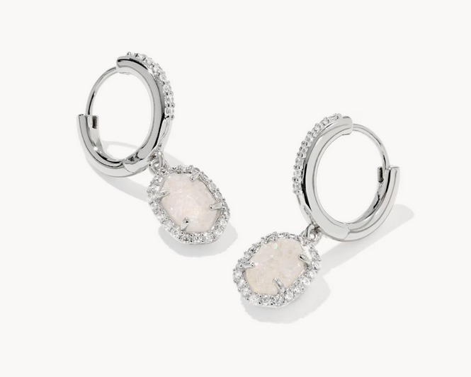 Daphne Crystal Frame Huggie Earring Iridescent Drusy Silver