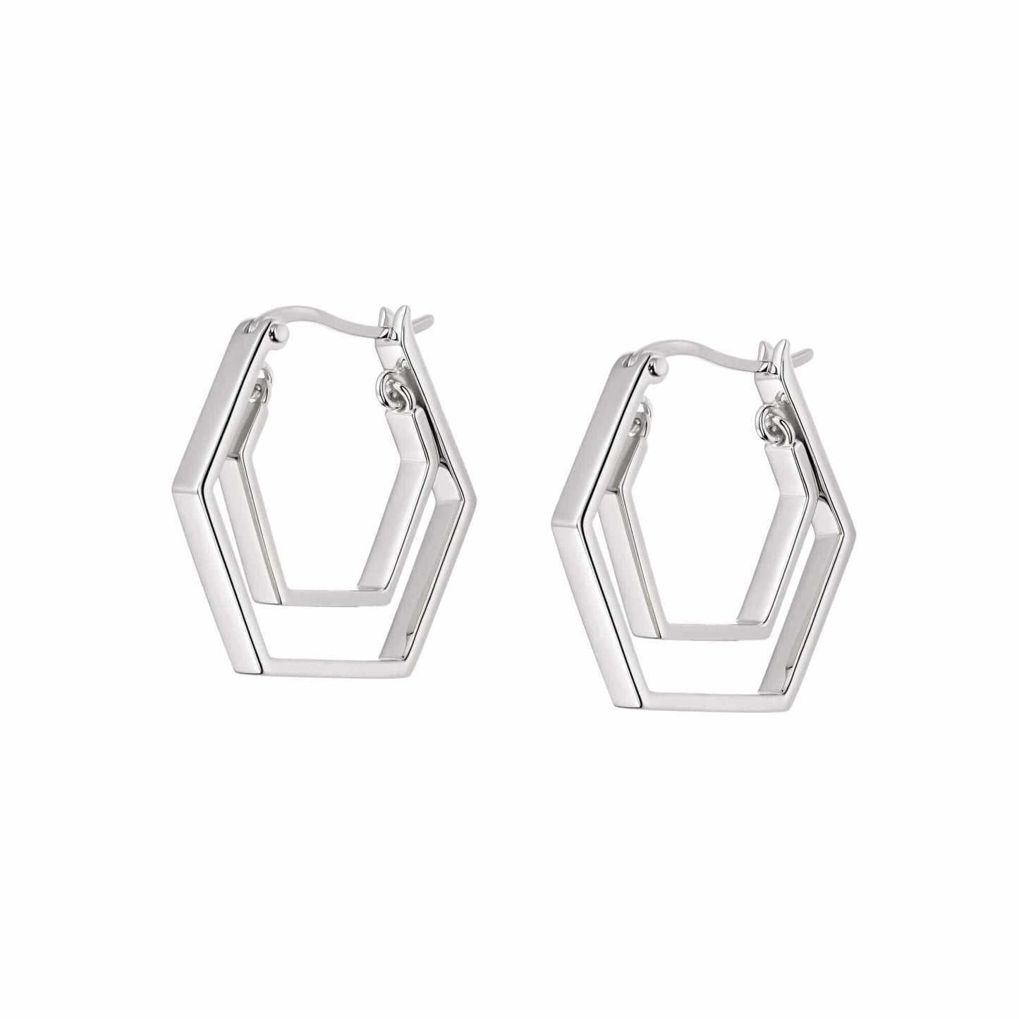 Double Hexagon Hoop Earrings Sterling Silver