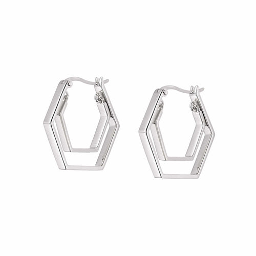 Double Hexagon Hoop Earrings Sterling Silver