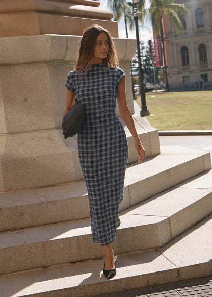 AFENDS Womens Elodie - Seersucker Midi Dress - Mountains Navy Red Check