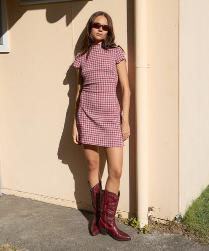 AFENDS Womens Elodie - Seersucker Mini Dress - Base Burgundy Check