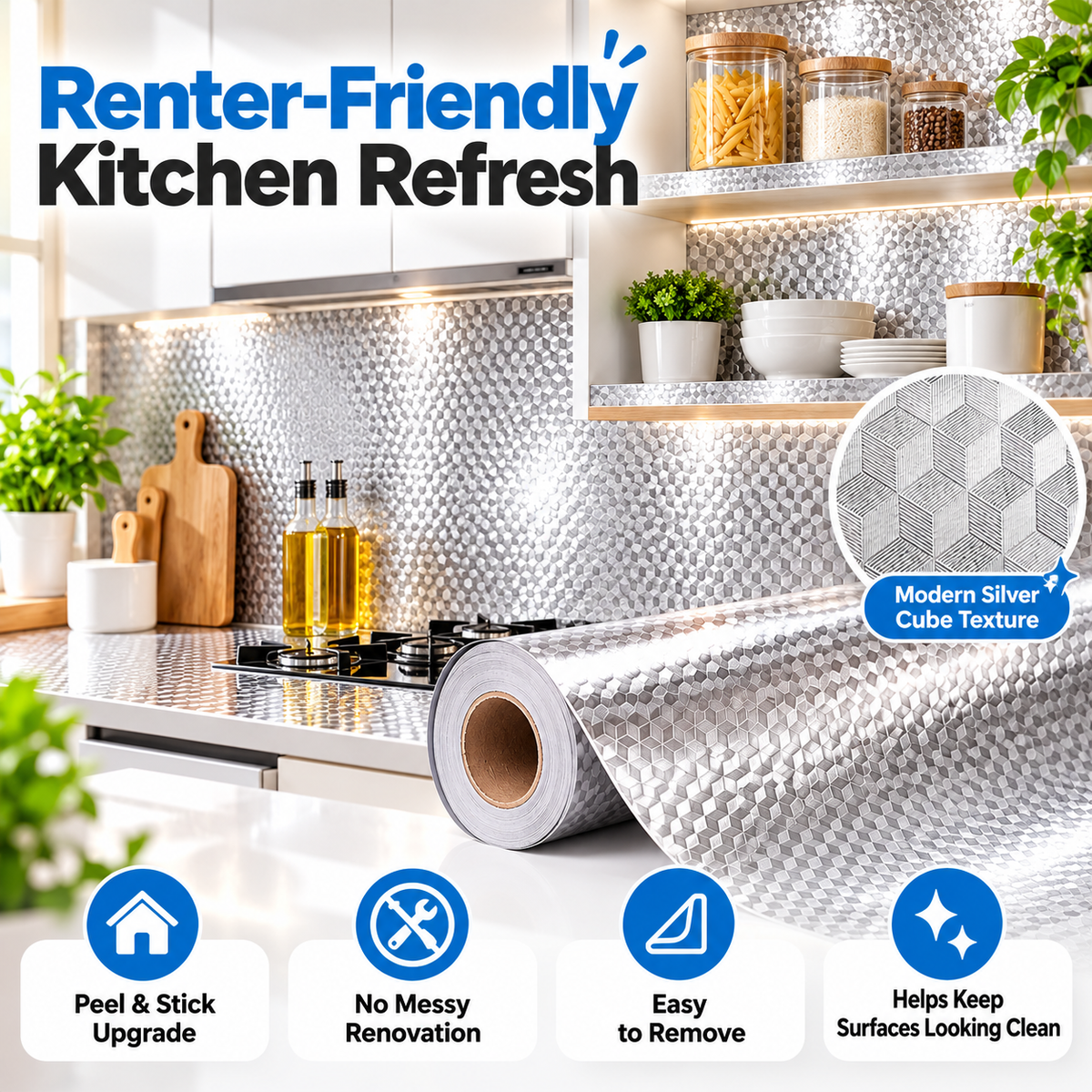 Silver 3D Cube Peel & Stick Kitchen Liner – Instant Glow-Up