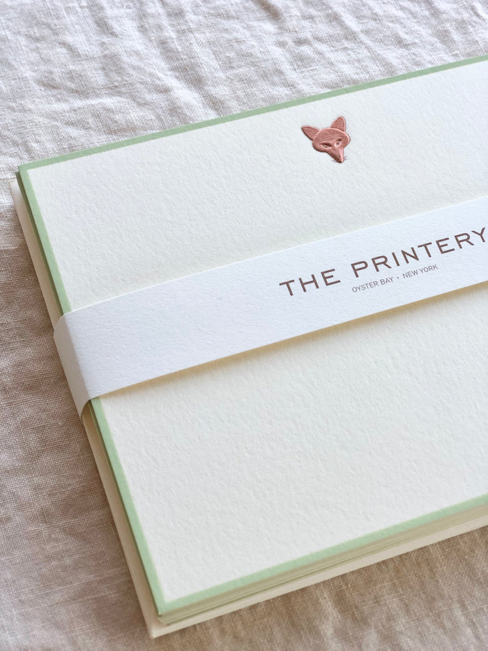 The Printery Foxy Note Cards white with copper fox face and green edge 6.25 by 4.5 inches detail view