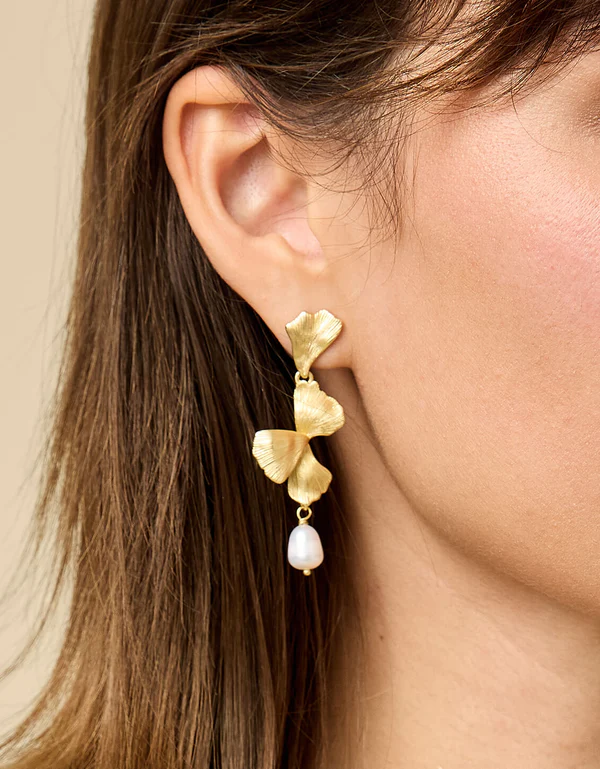 Ginko Leaf Dangle Earrings Pearl