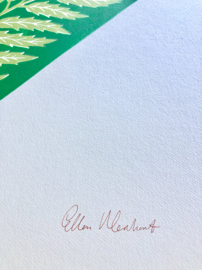 ellen merchant limited edition print with green background and large yellow Marigold 13.7" x 19.6" signature detail view