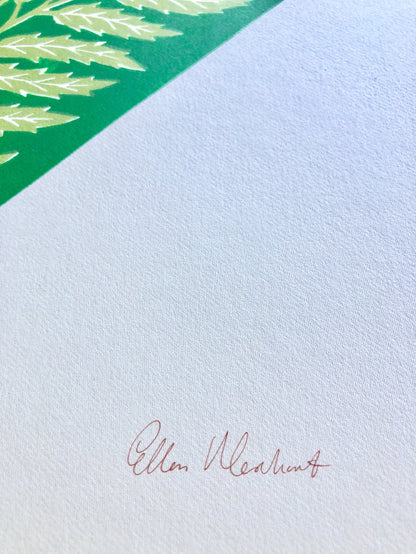 ellen merchant limited edition print with green background and large yellow Marigold 13.7" x 19.6" signature detail view