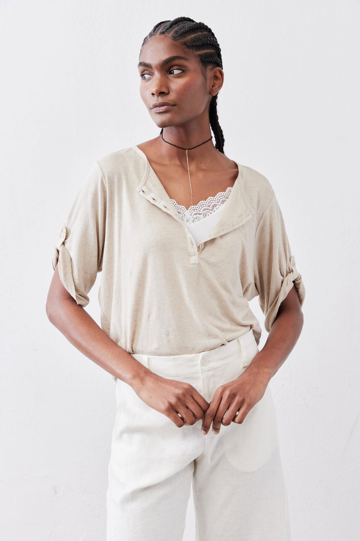 Half Button Elbow Sleeve Top