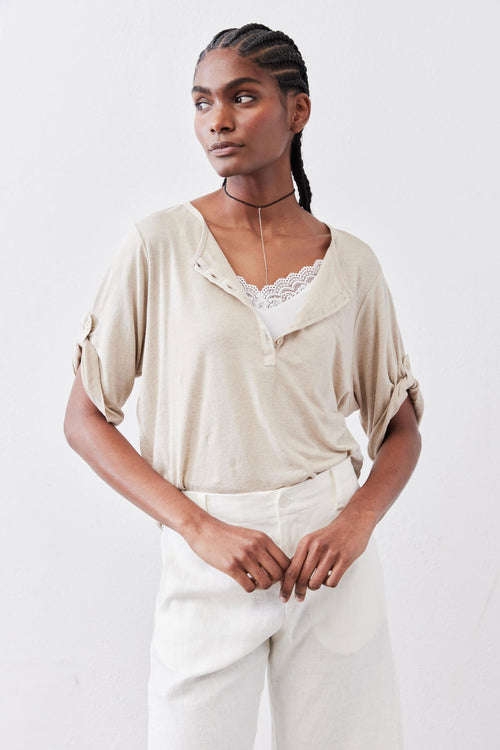 Half Button Elbow Sleeve Top