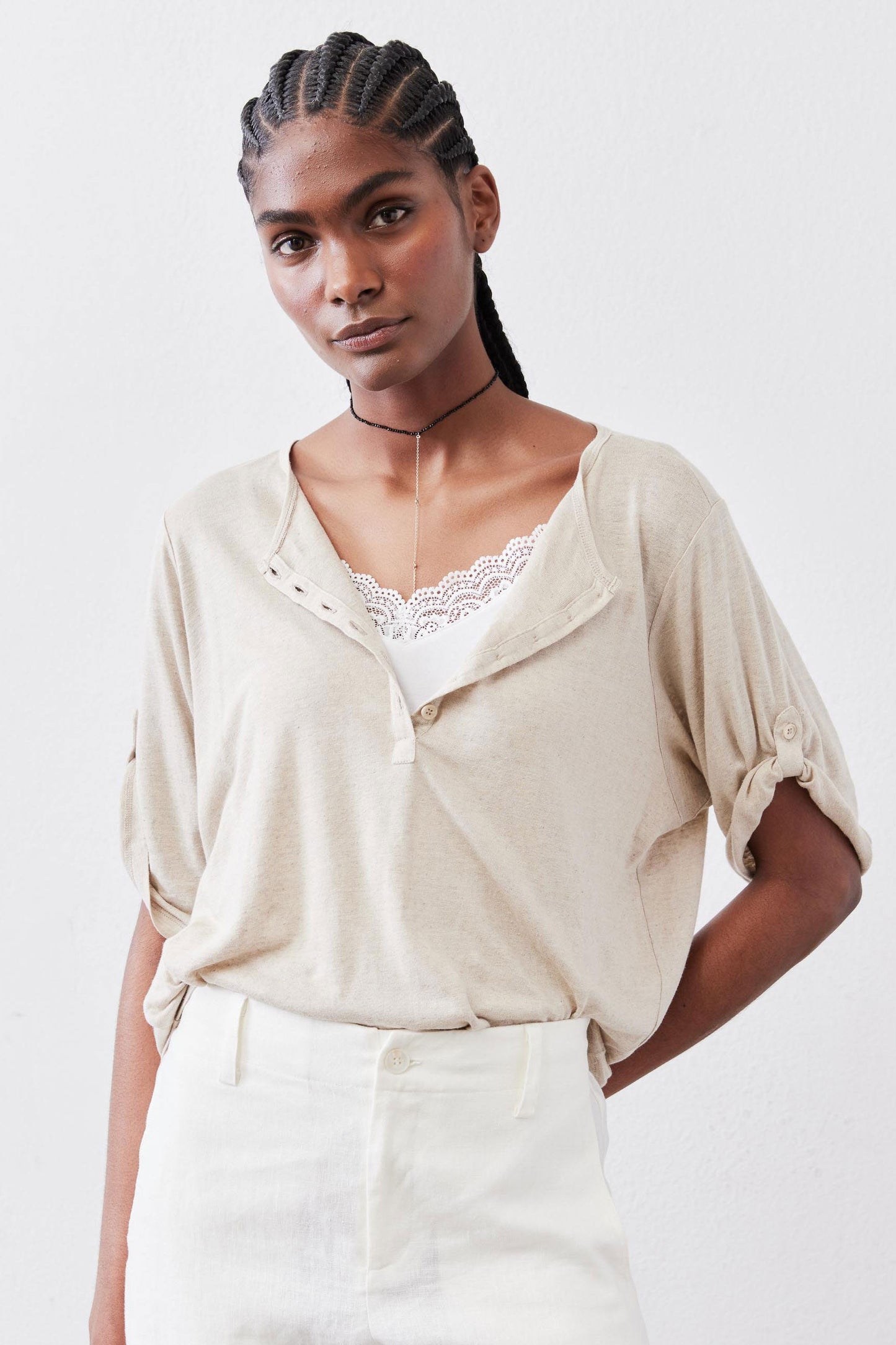 Half Button Elbow Sleeve Top