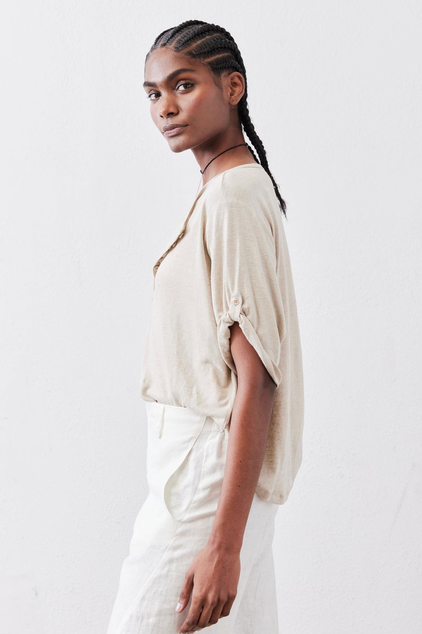 Half Button Elbow Sleeve Top