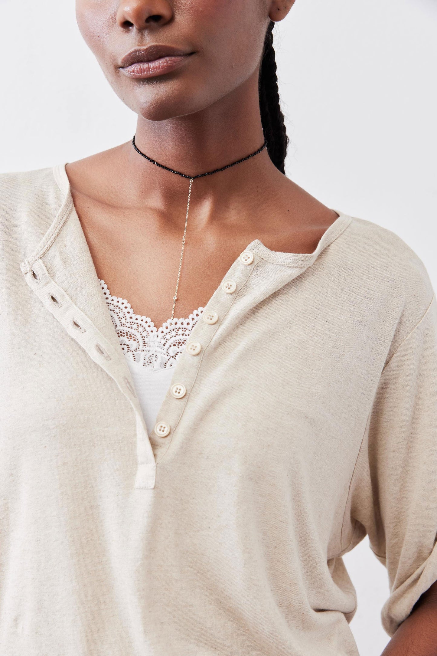 Half Button Elbow Sleeve Top