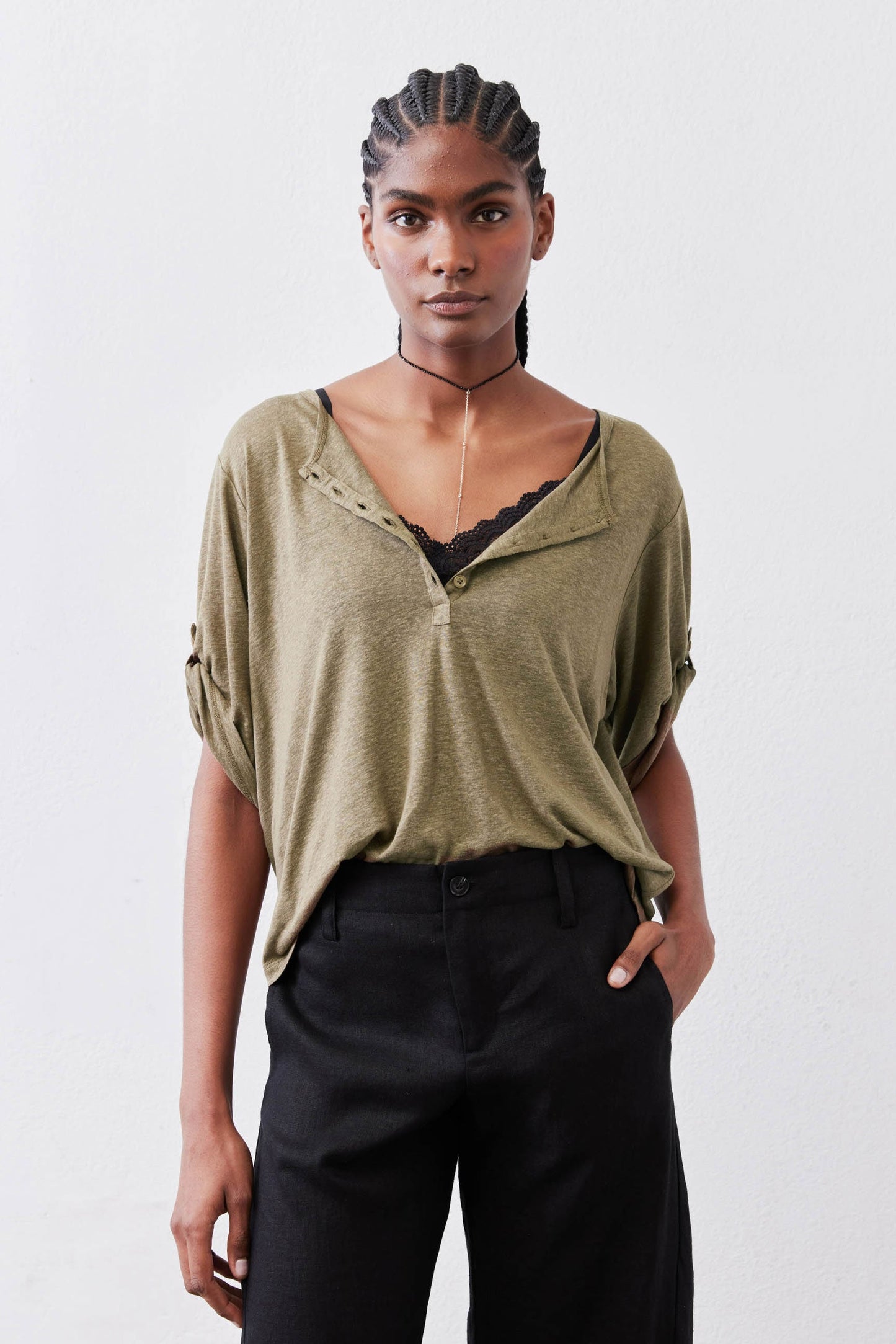 Half Button Elbow Sleeve Top