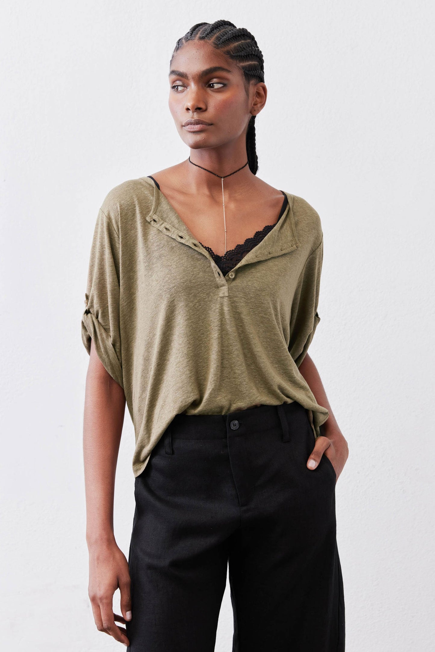 Half Button Elbow Sleeve Top