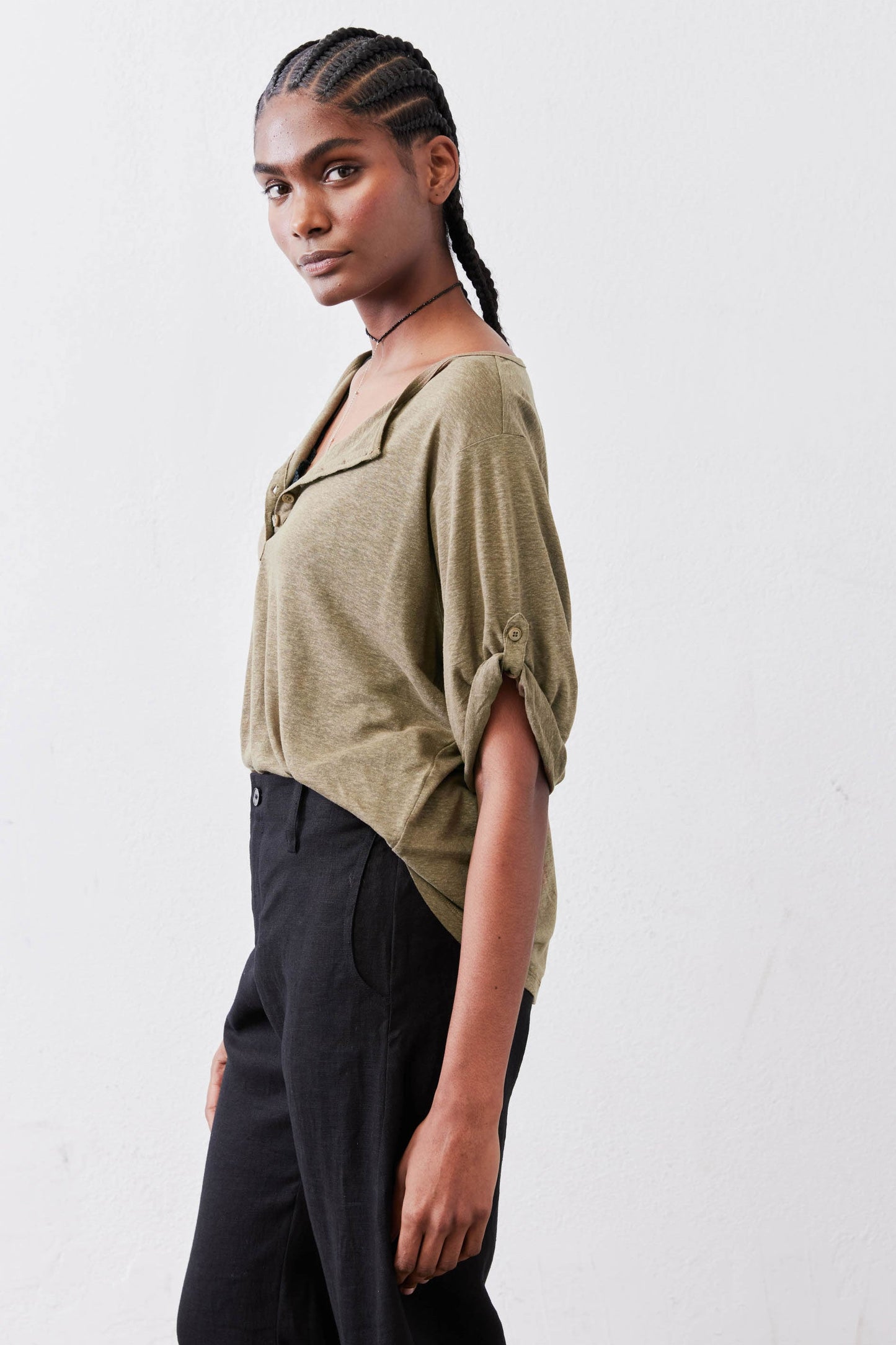 Half Button Elbow Sleeve Top