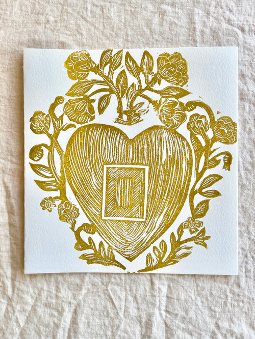 block print hand made card with gold heart 7" square