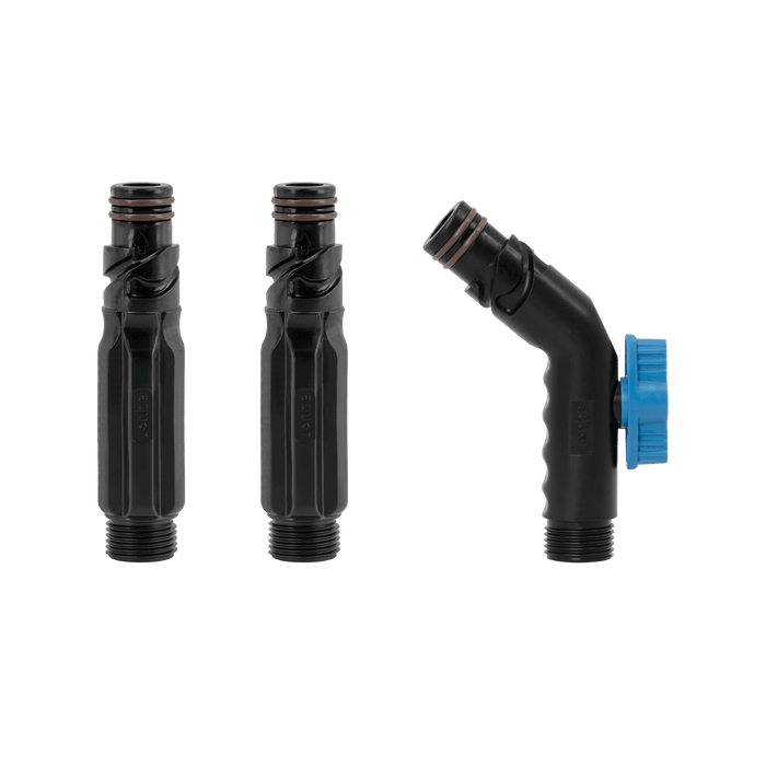 A product shot of two jet black straight hose connectors and one jet black removable faucet hose connector.