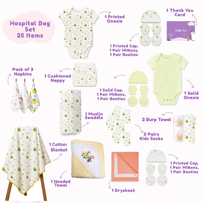 Hospital Kit for Newborn baby | New Born Baby Home Coming Outfit | Organic Cotton Gift Set | 0-6 Months | 25 Items | Avocado