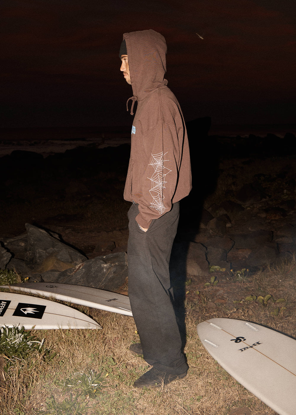 AFENDS Mens Labyrinth - Boxy Pull On Hood - Washed Coffee