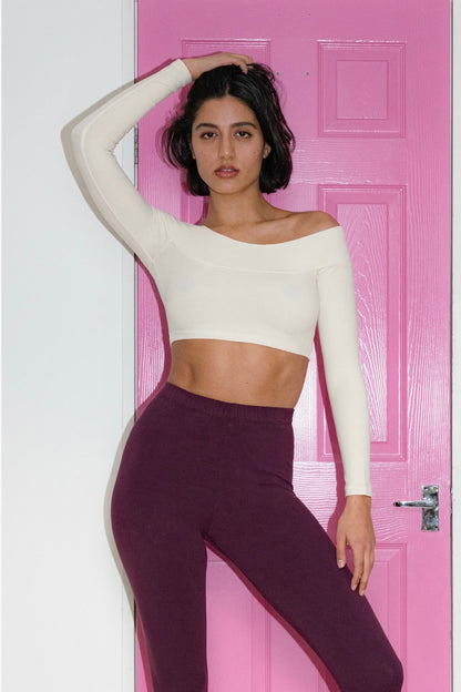83074GD - Cotton Spandex Long Sleeve Off Shoulder Crop Top