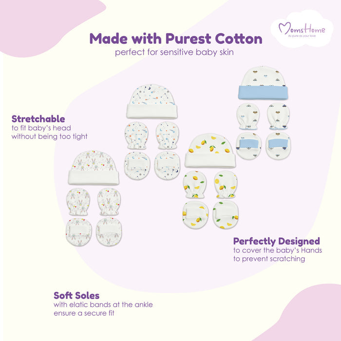 New Born Baby Cap Mitten Bootie Set | Pack of 3 | Mixed Design
