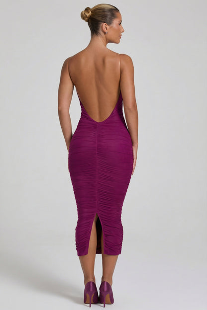 Ruched Backless Bodycon Midaxi Dress in Plum