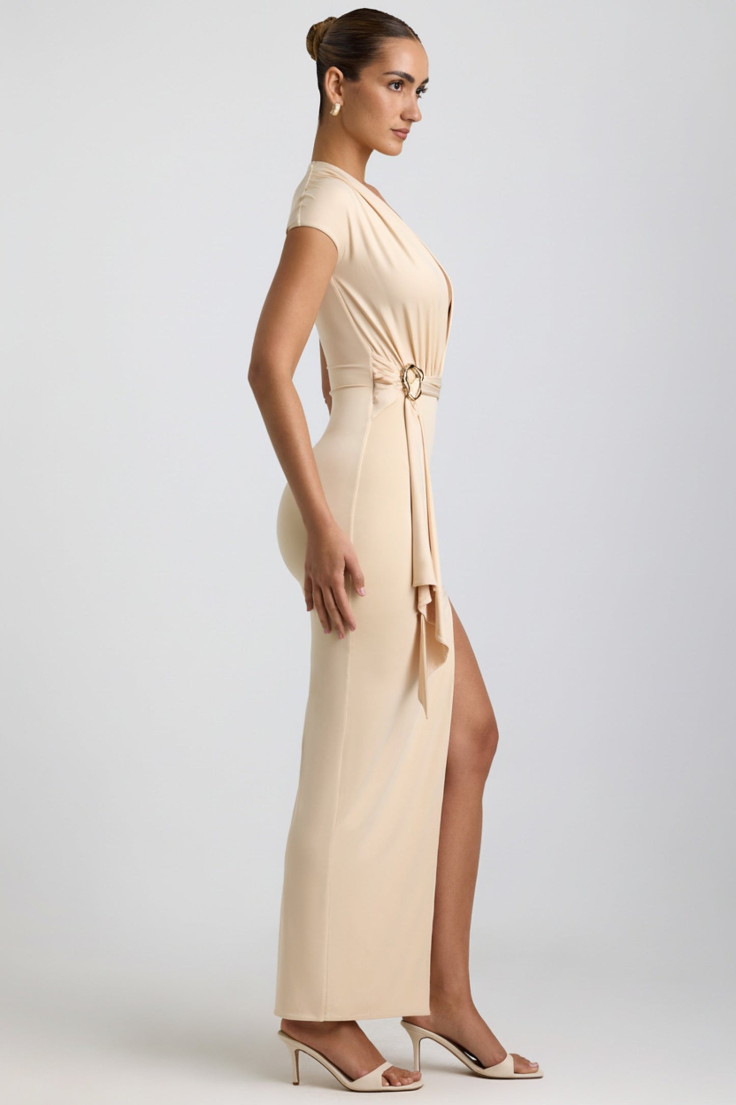 Slinky Jersey Plunge Hardware Detail Maxi Dress in Buttercream