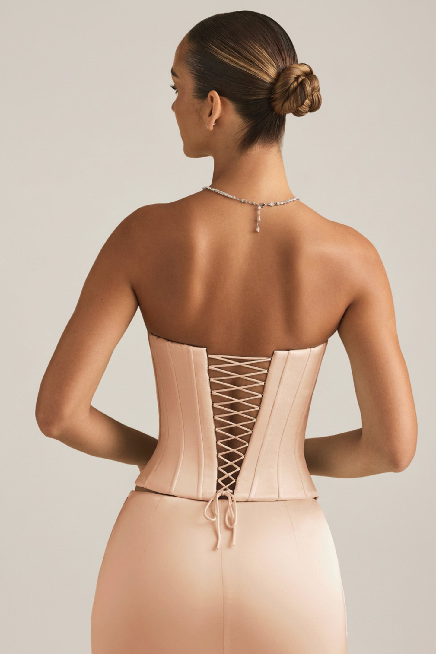 Satin Lace-Up Corset Top in Beige Gold