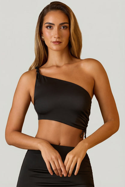 Ruched Asymmetric Crop Top in Black