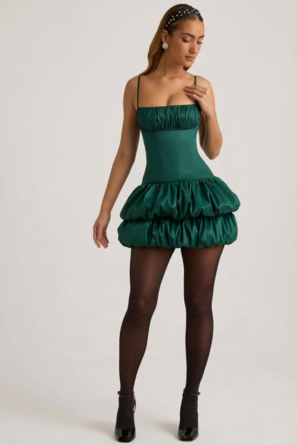 Satin Bubble Hem Corset Mini Dress in Emerald Green