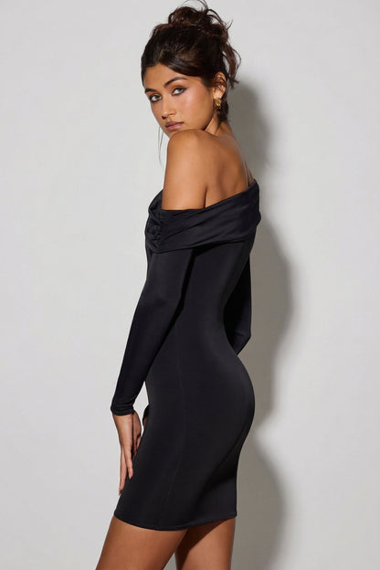 Off-Shoulder Ruched Mini Dress in Black