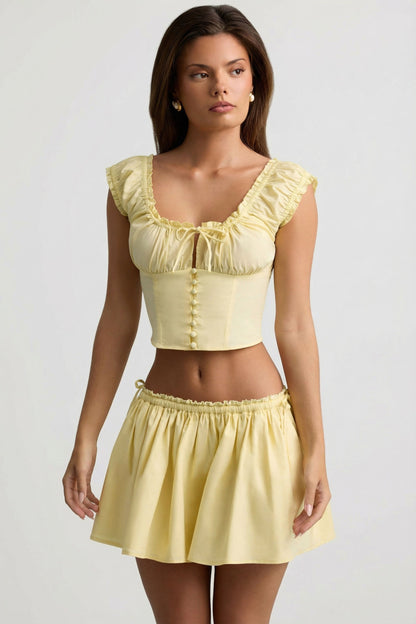 Ruched Cotton-Poplin Mini Skirt in Lemon Yellow