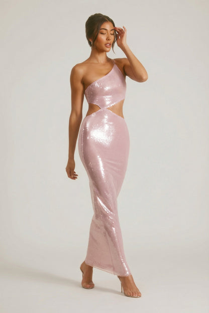 Sheer Sequin One Shoulder Cut Out Maxi Dress in Lilac