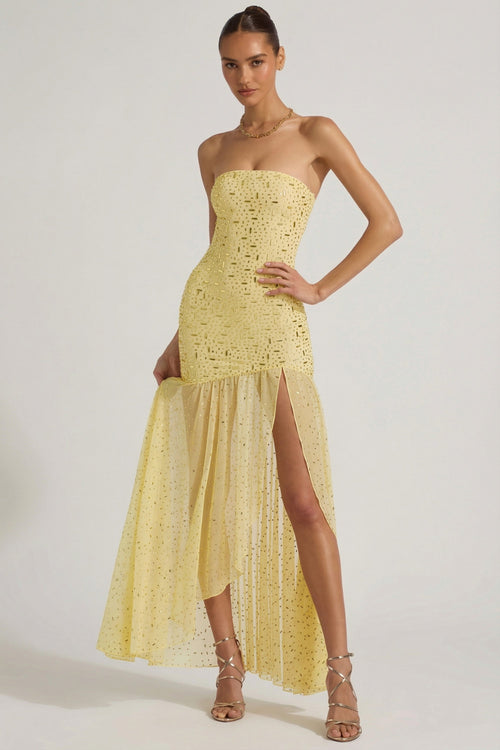 Semi-Sheer Embellished Asymmetric Maxi Dress in Yellow