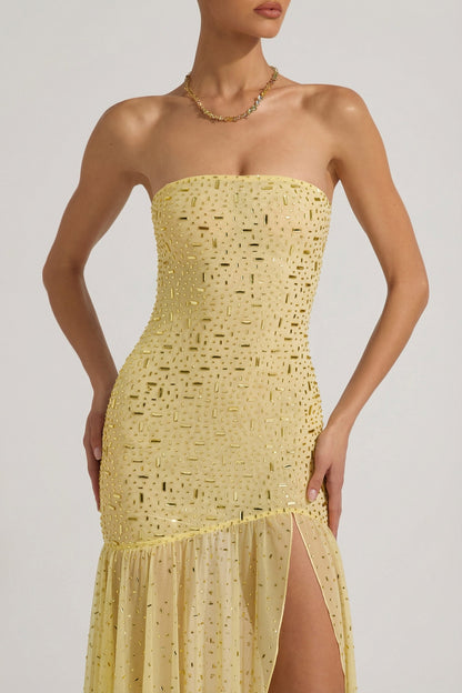 Semi-Sheer Embellished Asymmetric Maxi Dress in Yellow