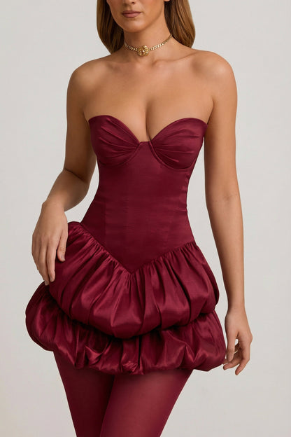 Satin Bubble Hem Corset Mini Dress in Wine Red