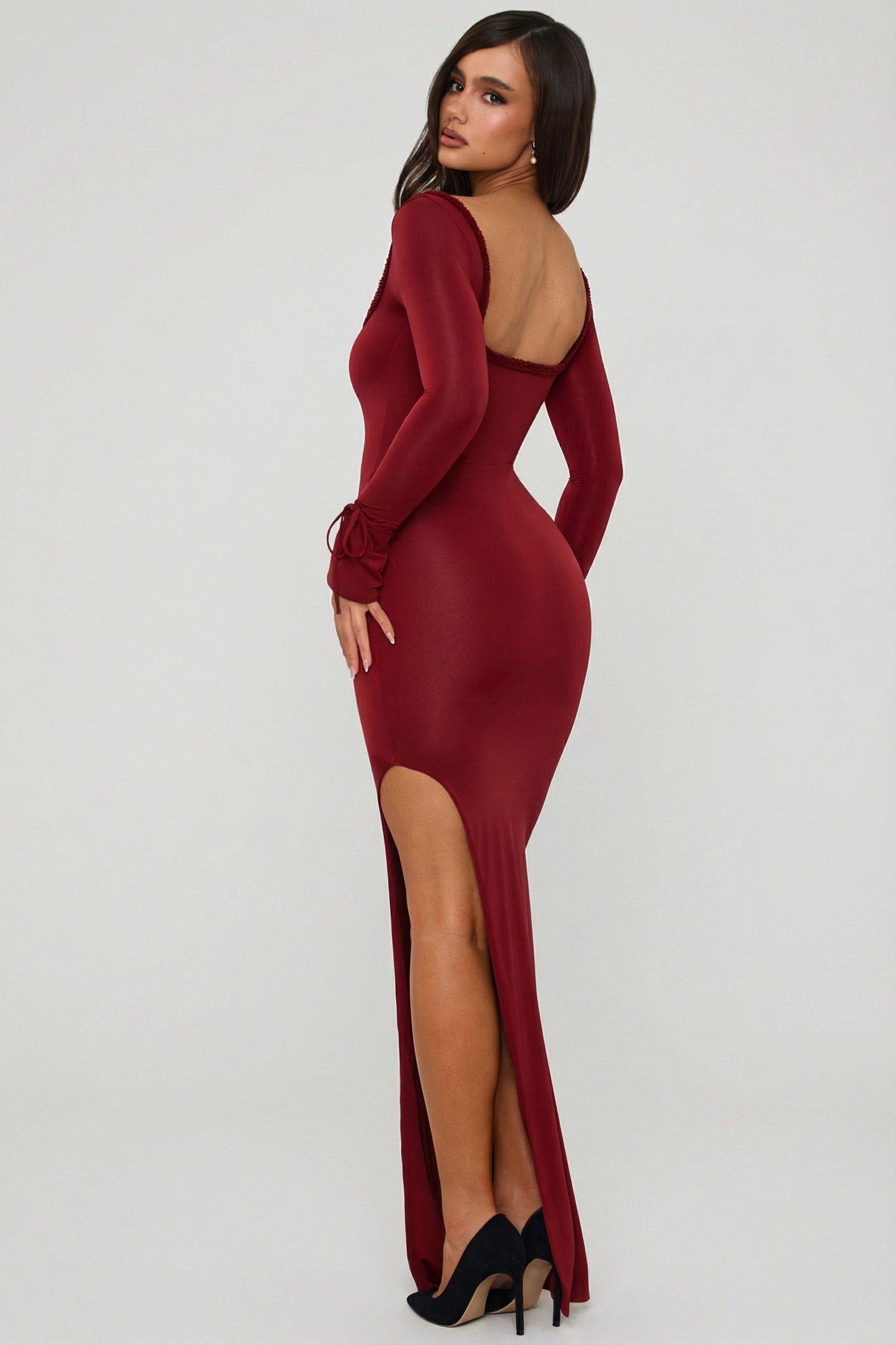Ruffle-Trim Cut-Out Maxi Dress in Berry Red