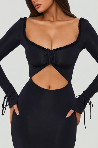 Ruffle-Trim Cut-Out Maxi Dress in Black