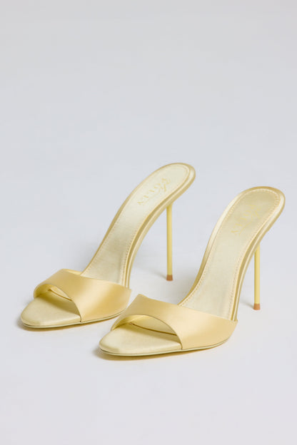 Satin Heeled Mule Sandal in Butter Yellow