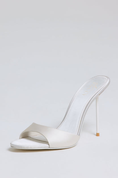 Satin Heeled Mule Sandal in Pearl White