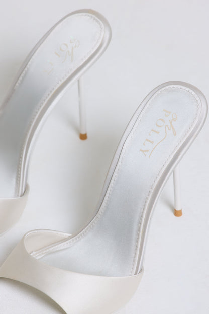 Satin Heeled Mule Sandal in Pearl White