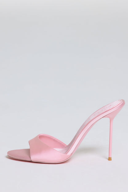 Satin Heeled Mule Sandal in Soft Pink