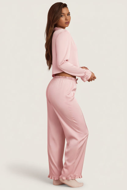 Ruffle-Trim Mid-Rise Pyjama Trousers in Baby Pink