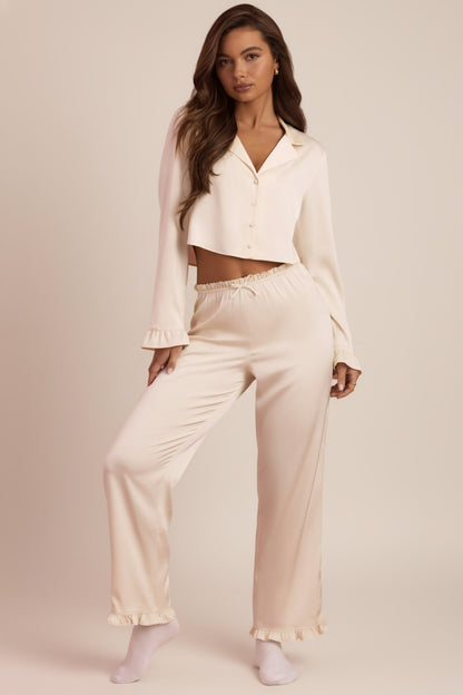 Ruffle-Trim Mid-Rise Pyjama Trousers in Ivory