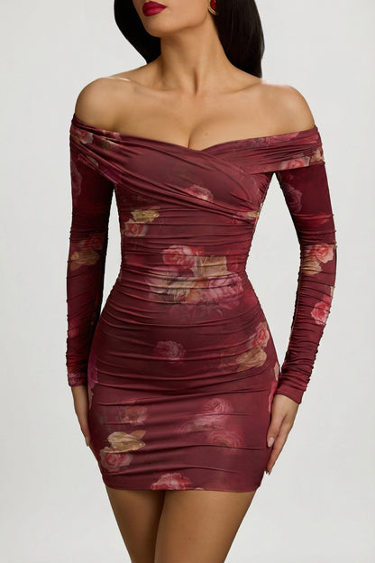 Off-Shoulder Ruched Bodycon Mini Dress in Maroon Floral Print
