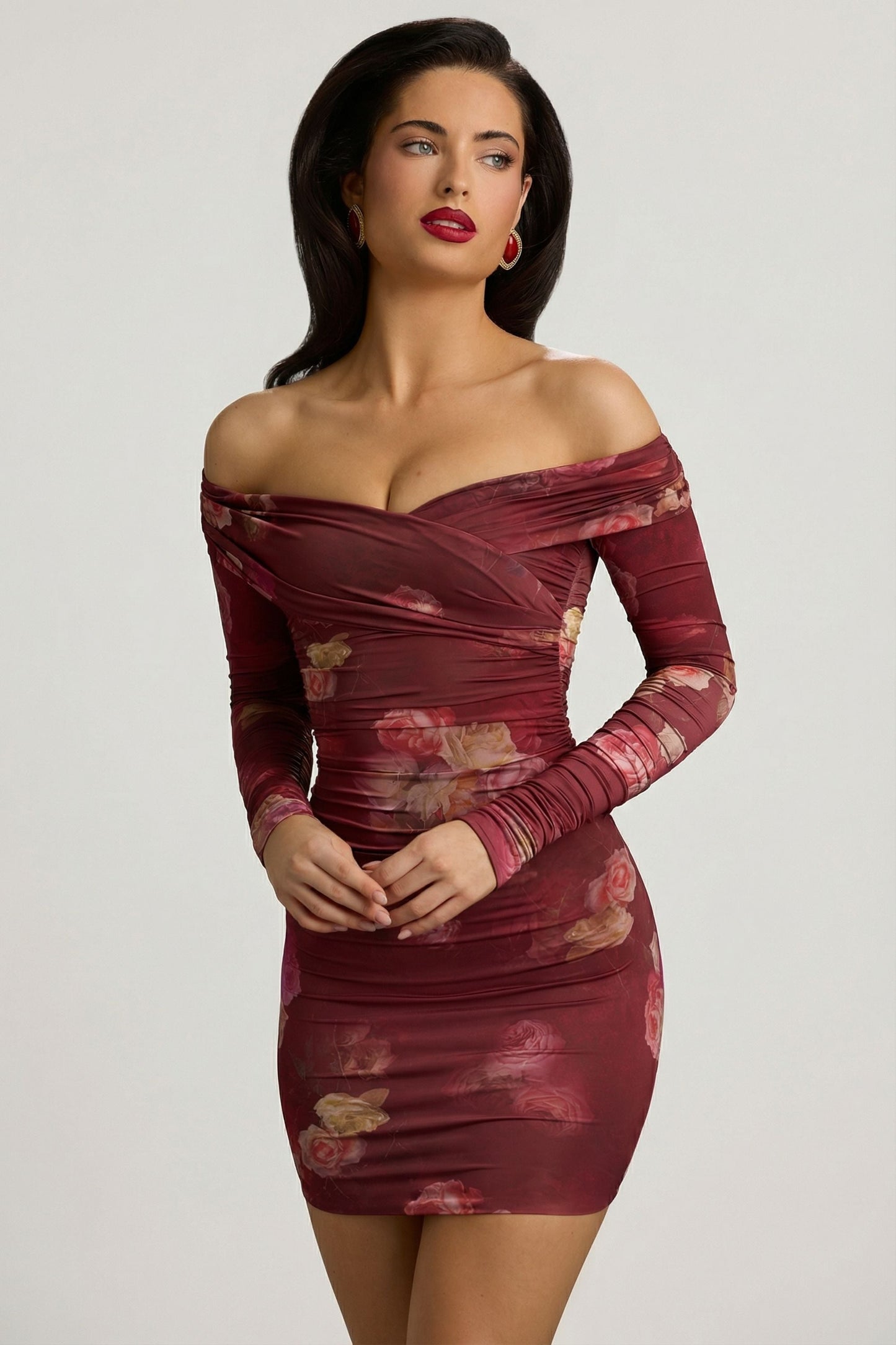 Off-Shoulder Ruched Bodycon Mini Dress in Maroon Floral Print