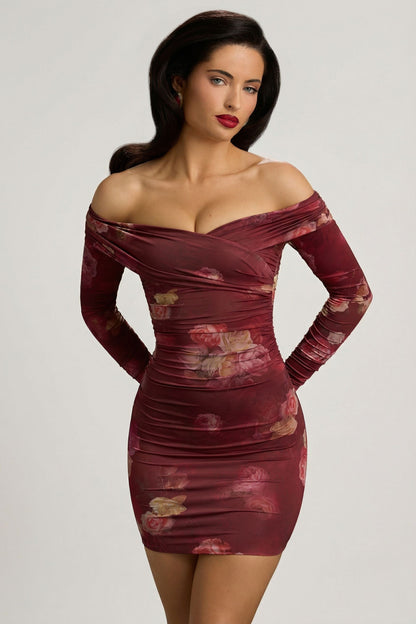 Off-Shoulder Ruched Bodycon Mini Dress in Maroon Floral Print
