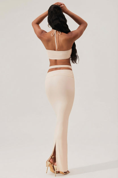 Ruched Waist Hardware Detail Maxi Skirt in Ivory