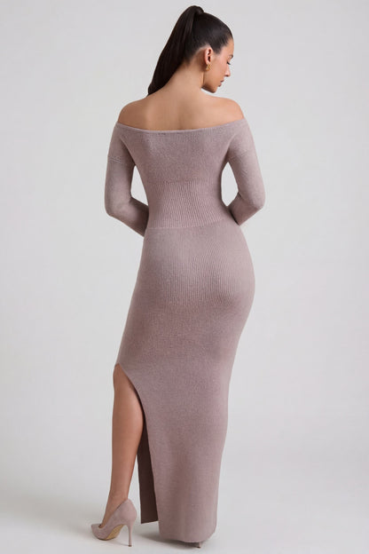 Ribbed-Knit Off-Shoulder Maxi Dress in Taupe