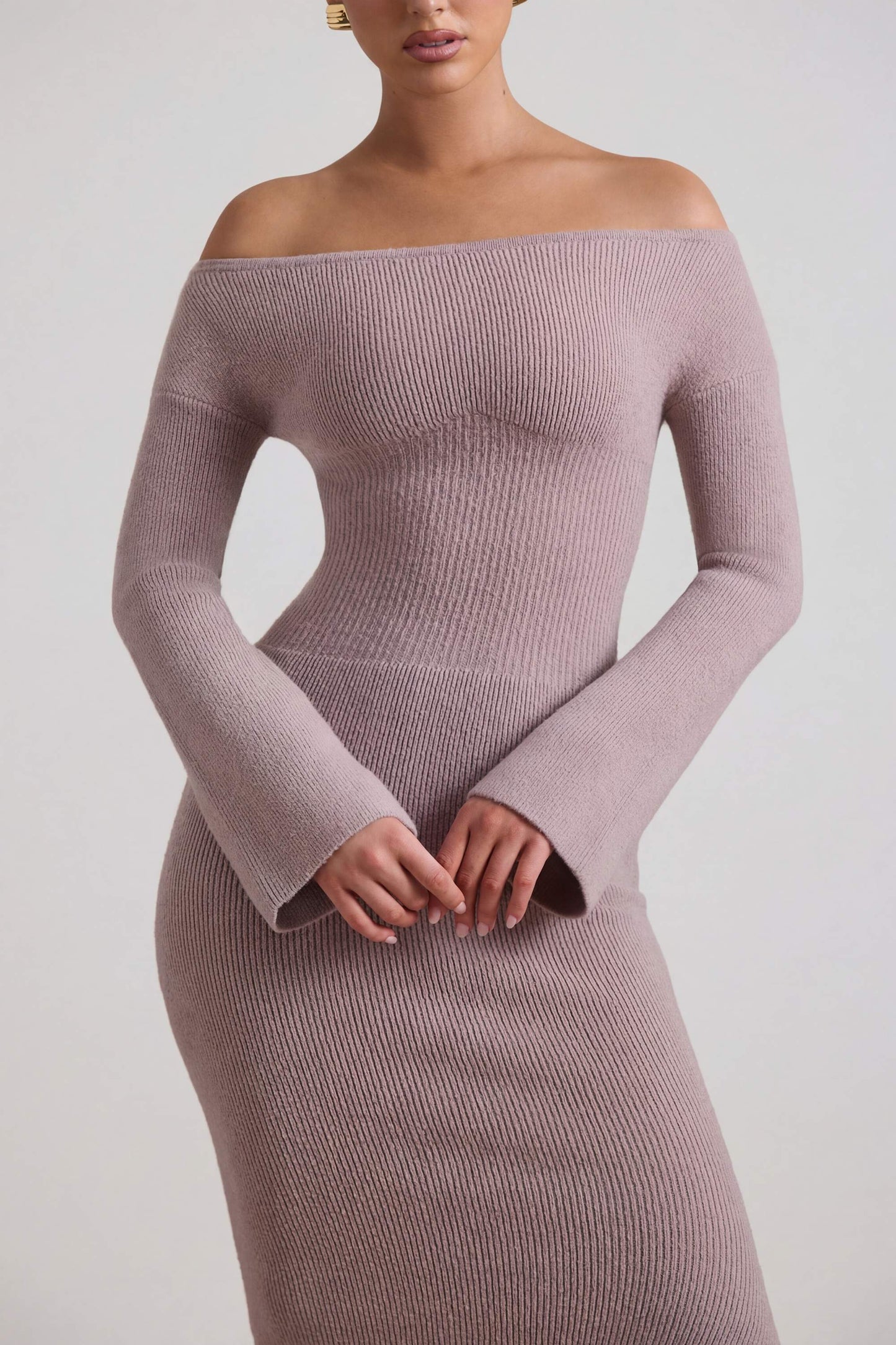 Ribbed-Knit Off-Shoulder Maxi Dress in Taupe