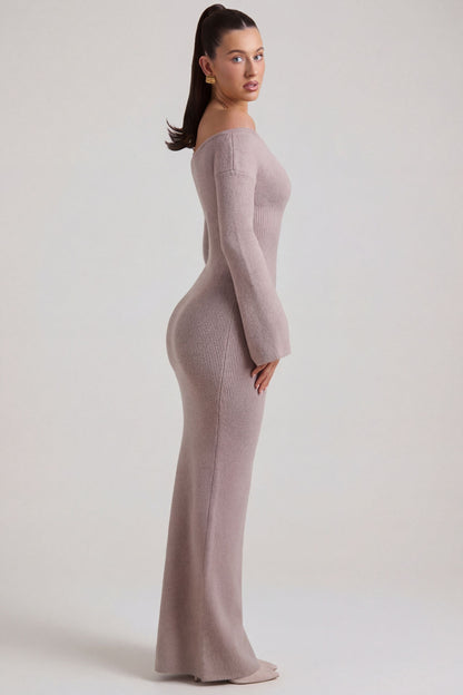 Ribbed-Knit Off-Shoulder Maxi Dress in Taupe